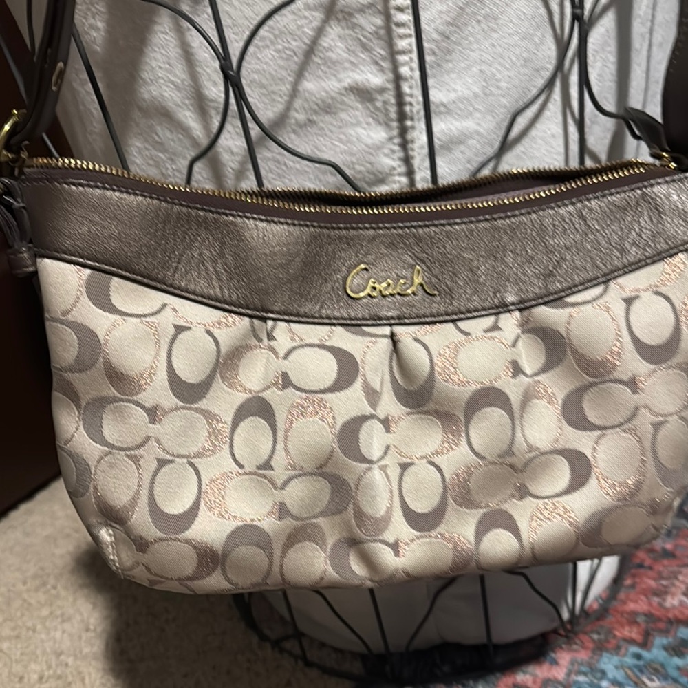 Coach Brown and Cream Shoulder Bag with Signature Pattern